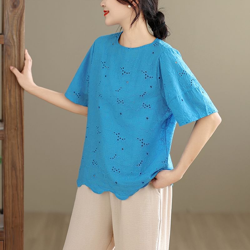 Short-Sleeve Crew Neck Lace Blouse