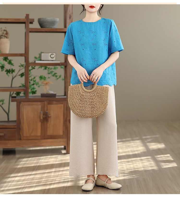Short-Sleeve Crew Neck Lace Blouse