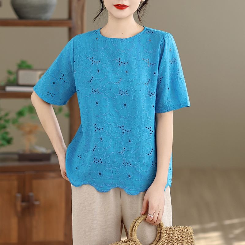 Short-Sleeve Crew Neck Lace Blouse