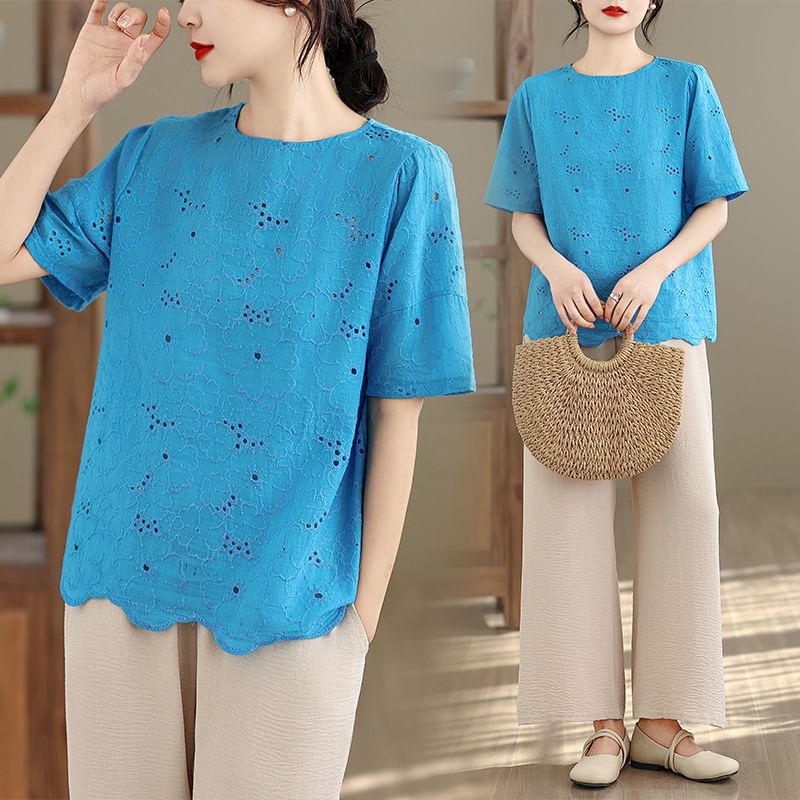 Short-Sleeve Crew Neck Lace Blouse