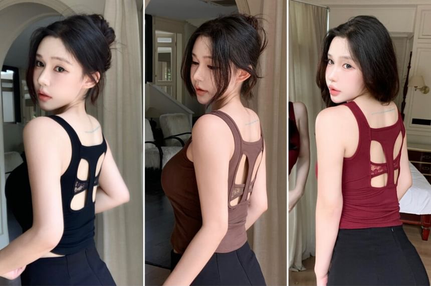 Open-Back Lace Trim Crop Tank with Scoop Neck