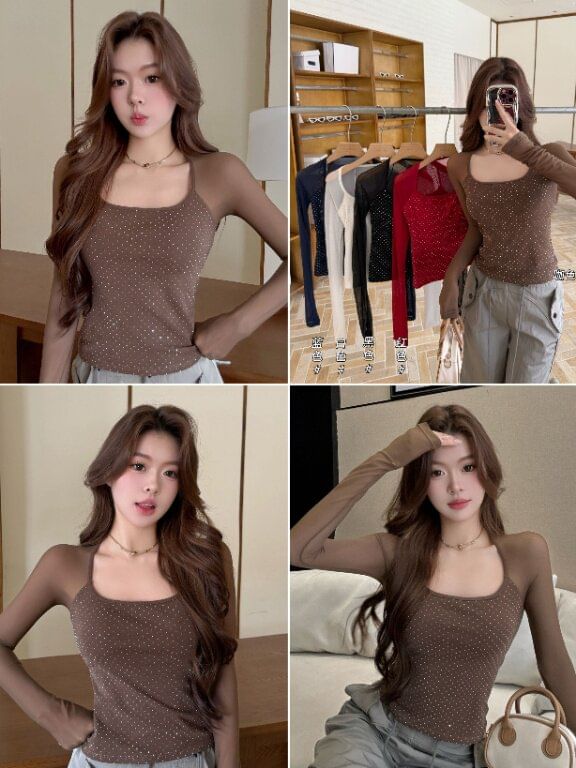 Crystal-Adorned Mesh Insert Long Sleeve Tee with Scoop Neckline