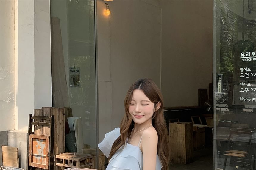 Ruffle-Trimmed One-Shoulder Sleeveless Top