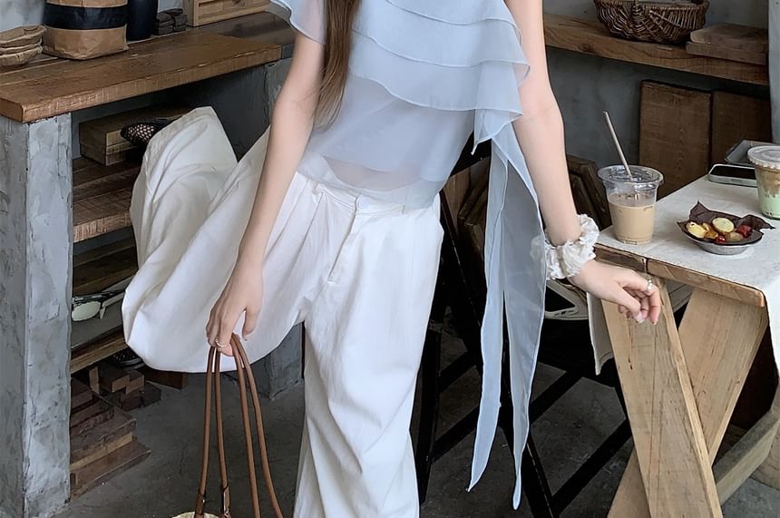 Ruffle-Trimmed One-Shoulder Sleeveless Top