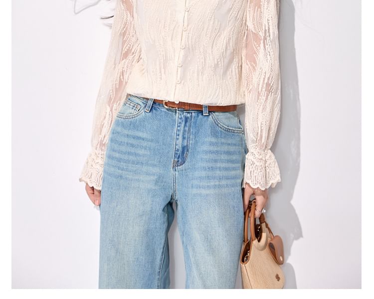 Long-Sleeve V-Neck Plain Lace Trim Blouse