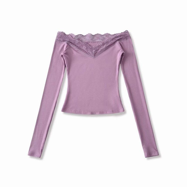Off-Shoulder Long-Sleeve Plain Lace Trim T-Shirt