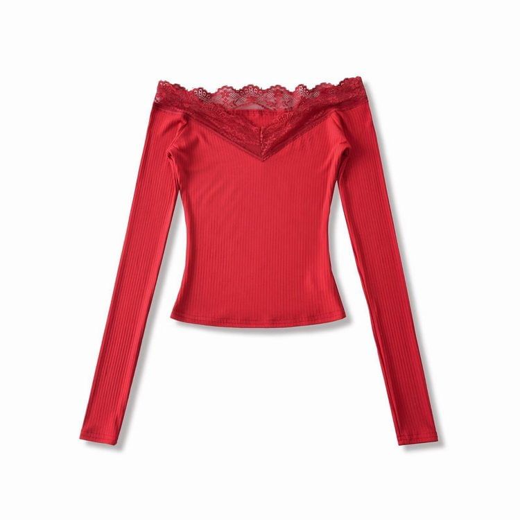 Off-Shoulder Long-Sleeve Plain Lace Trim T-Shirt