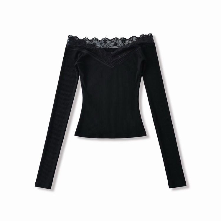 Off-Shoulder Long-Sleeve Plain Lace Trim T-Shirt