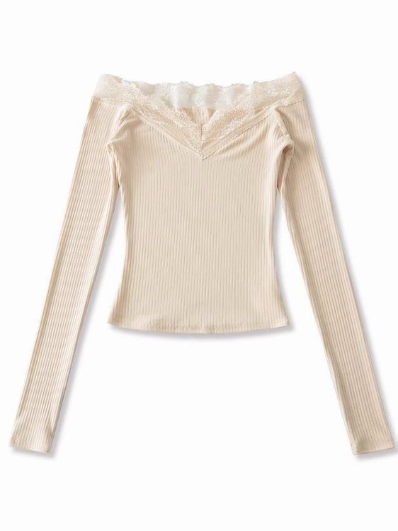 Off-Shoulder Long-Sleeve Plain Lace Trim T-Shirt