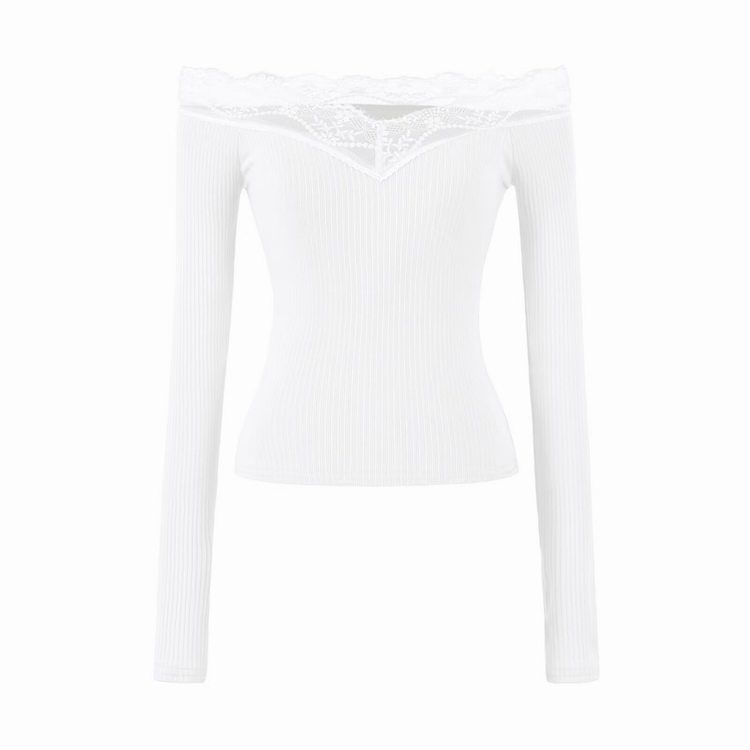 Off-Shoulder Long-Sleeve Plain Lace Trim T-Shirt