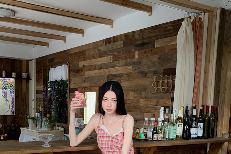 Mock Two-Piece V-Neck Plaid Lace Panel Button-Up Crop Camisole Top / High Waist Wide Leg Pants