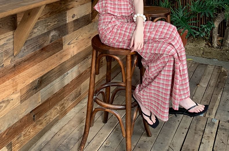 Mock Two-Piece V-Neck Plaid Lace Panel Button-Up Crop Camisole Top / High Waist Wide Leg Pants