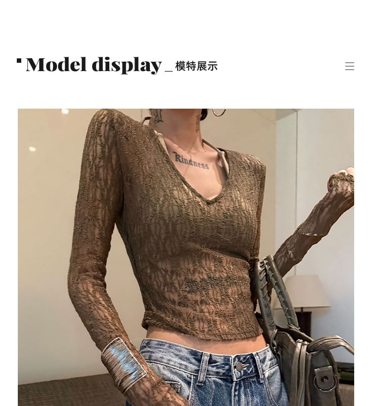 Long-Sleeve V-Neck Lace Crop Top