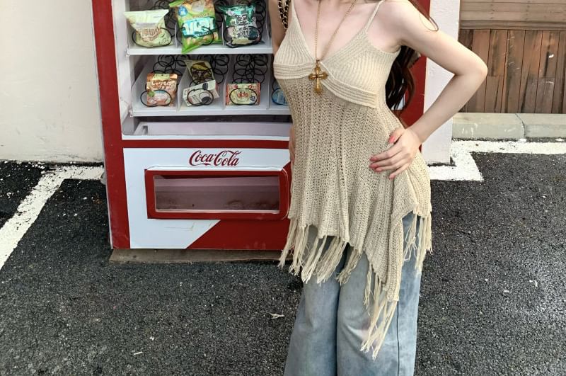 Fringed Knit Camisole with Asymmetrical V-Neck