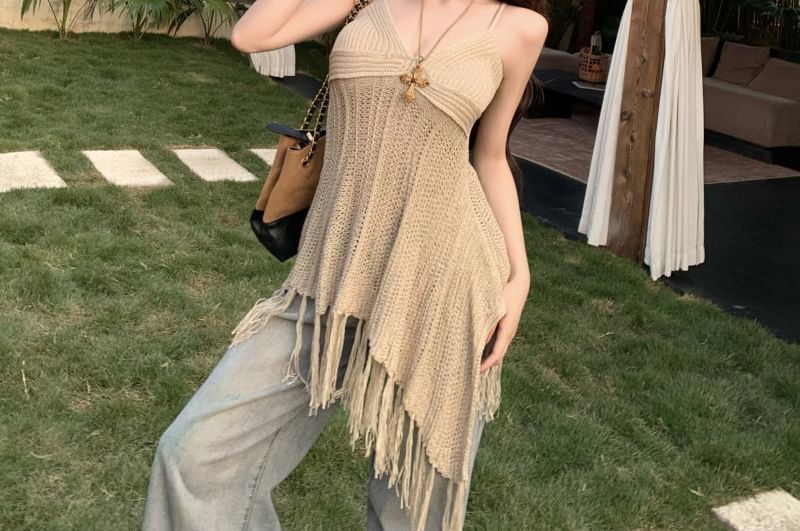 Fringed Knit Camisole with Asymmetrical V-Neck