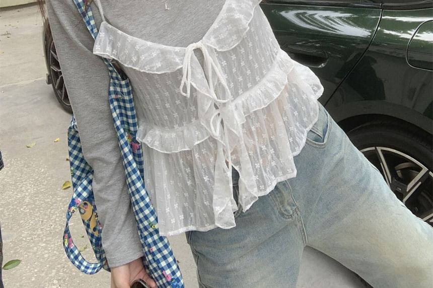 Set: Long Sleeve Round Neck Plain T-Shirt + Plain Ruffle Tie Front Lace Camisole Top