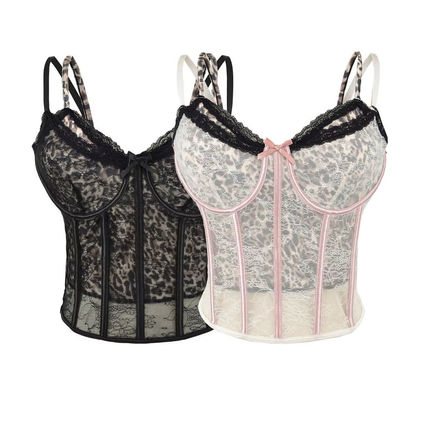 Mock Two-Piece Leopard Print Lace Panel Crop Corset Top
