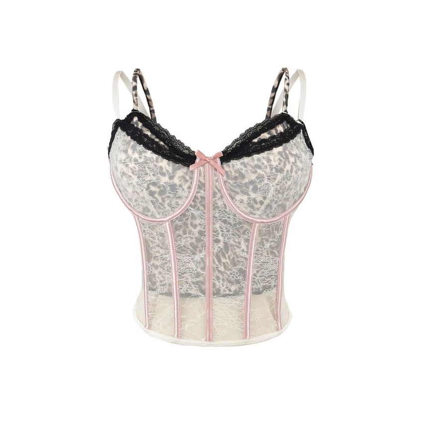 Mock Two-Piece Leopard Print Lace Panel Crop Corset Top