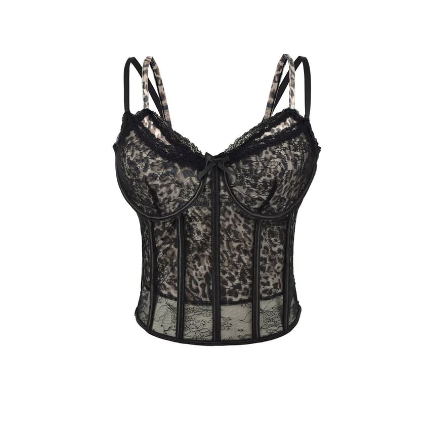 Mock Two-Piece Leopard Print Lace Panel Crop Corset Top