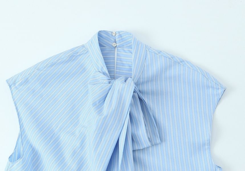 Sleeveless Tie Neck Striped Blouse