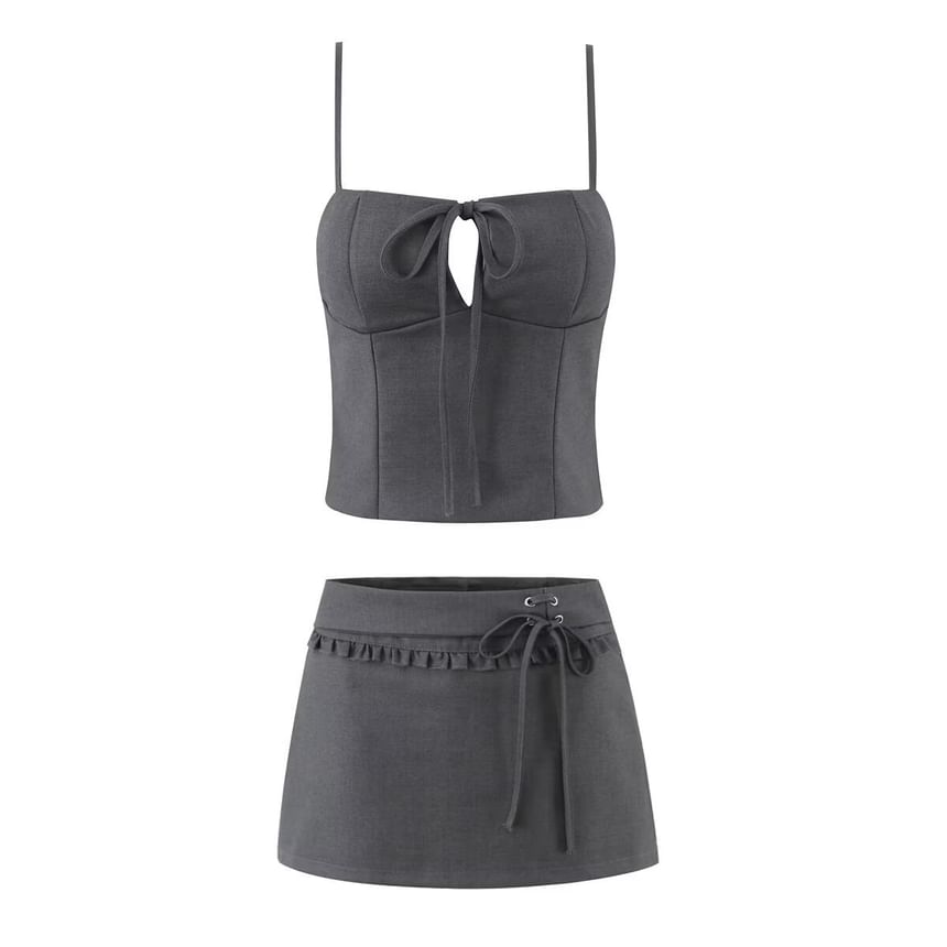 Plain Tie Front Camisole Top / Mid Rise Frill Lace Up Mini A-Line Skirt