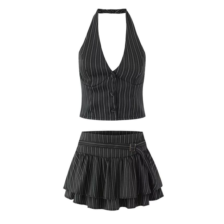 Halter V-Neck Striped Top / Mid Rise Buckled Ruffle Mini A-Line Skirt
