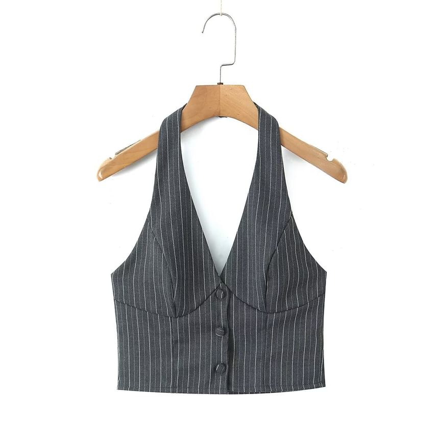 Halter V-Neck Striped Top / Mid Rise Buckled Ruffle Mini A-Line Skirt