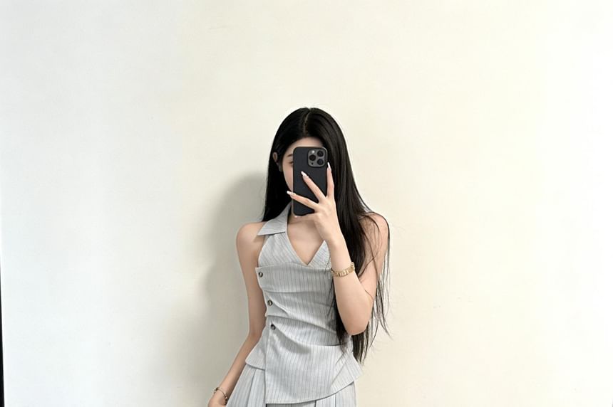 Set: Pinstriped Ruched Halter Blouse + Wide-Leg Pants