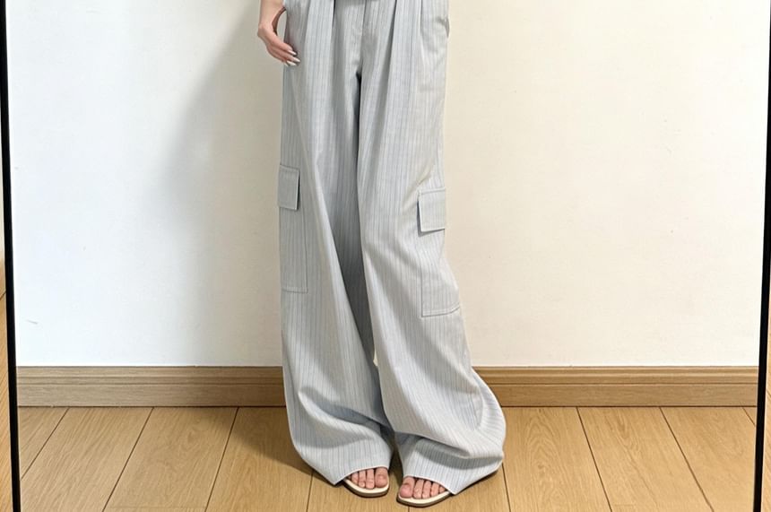 Set: Pinstriped Ruched Halter Blouse + Wide-Leg Pants