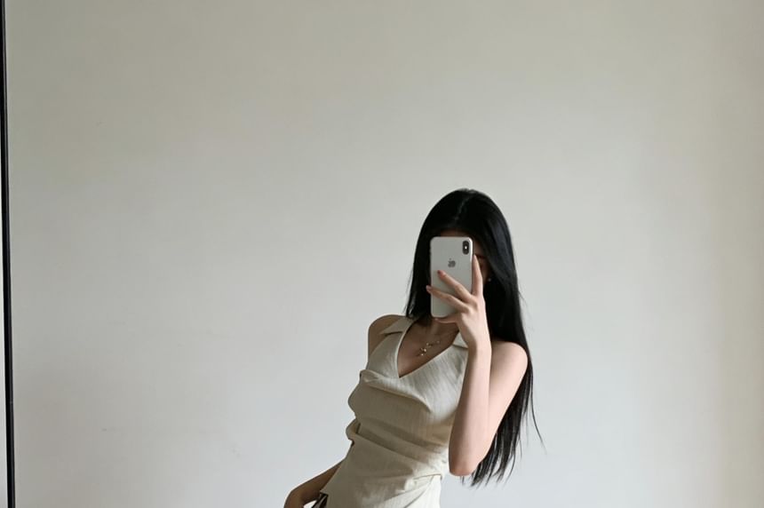 Set: Pinstriped Ruched Halter Blouse + Wide-Leg Pants