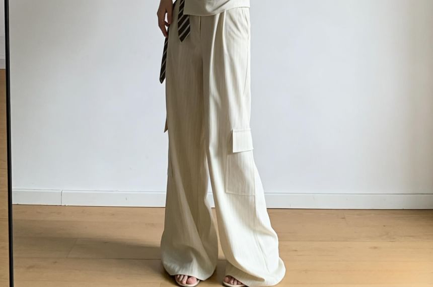 Set: Pinstriped Ruched Halter Blouse + Wide-Leg Pants