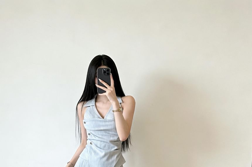 Set: Pinstriped Ruched Halter Blouse + Wide-Leg Pants