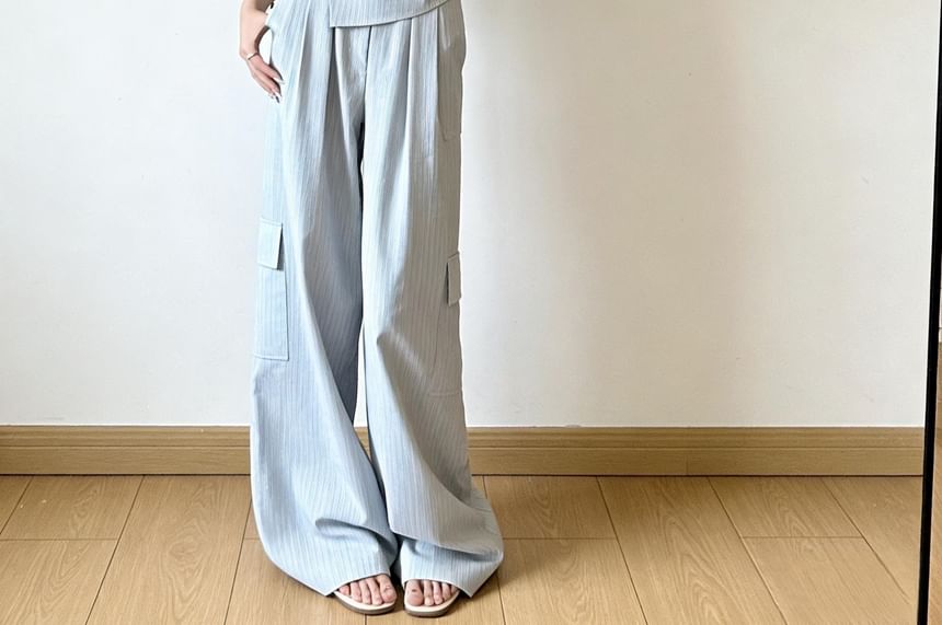 Set: Pinstriped Ruched Halter Blouse + Wide-Leg Pants