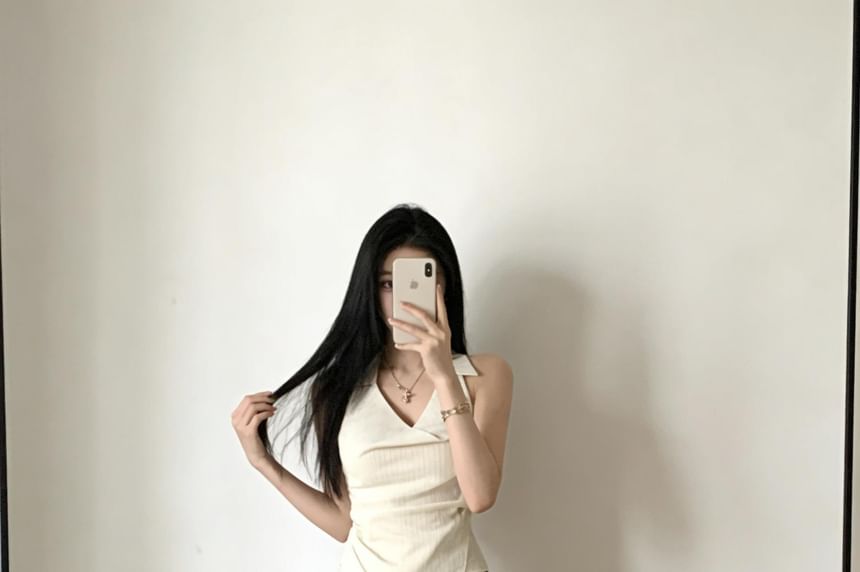 Set: Pinstriped Ruched Halter Blouse + Wide-Leg Pants