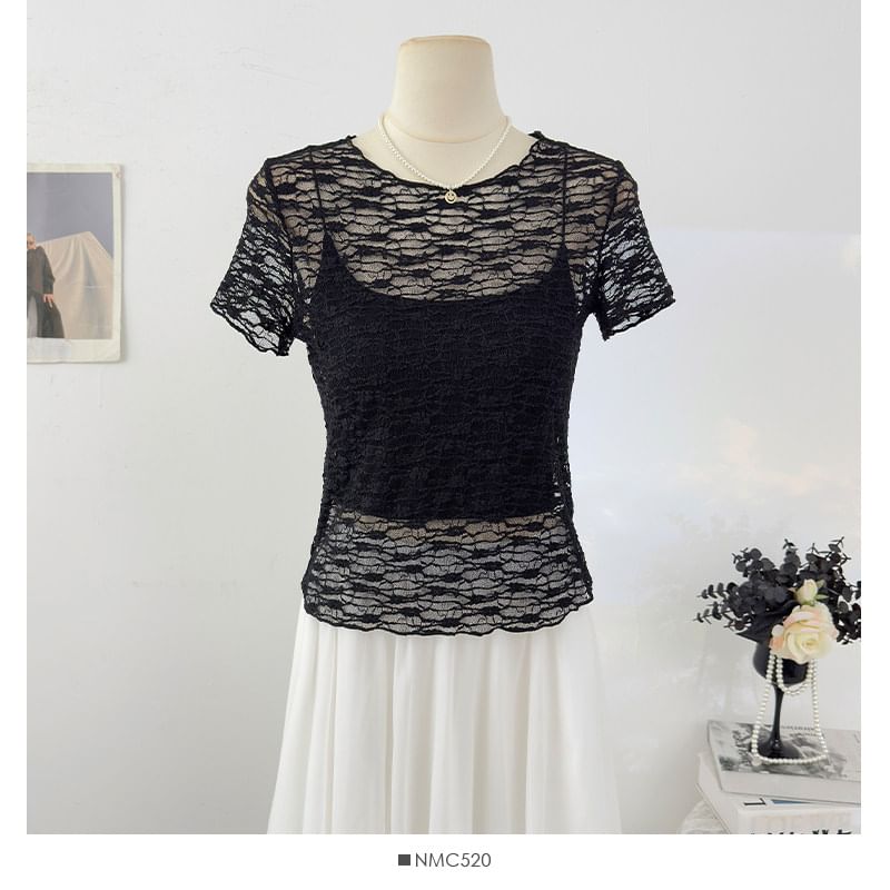 Short Sleeve Round Neck Plain Lace Top