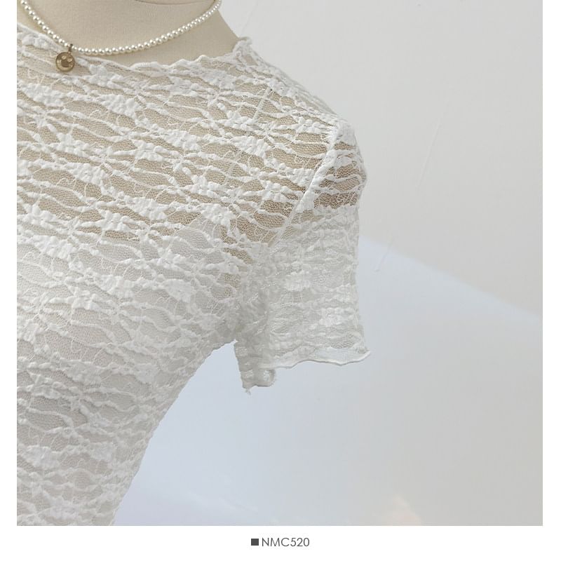 Short Sleeve Round Neck Plain Lace Top