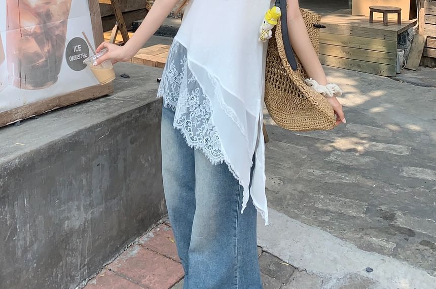 Asymmetrical Lace Panel Sleeveless V-Neck Top