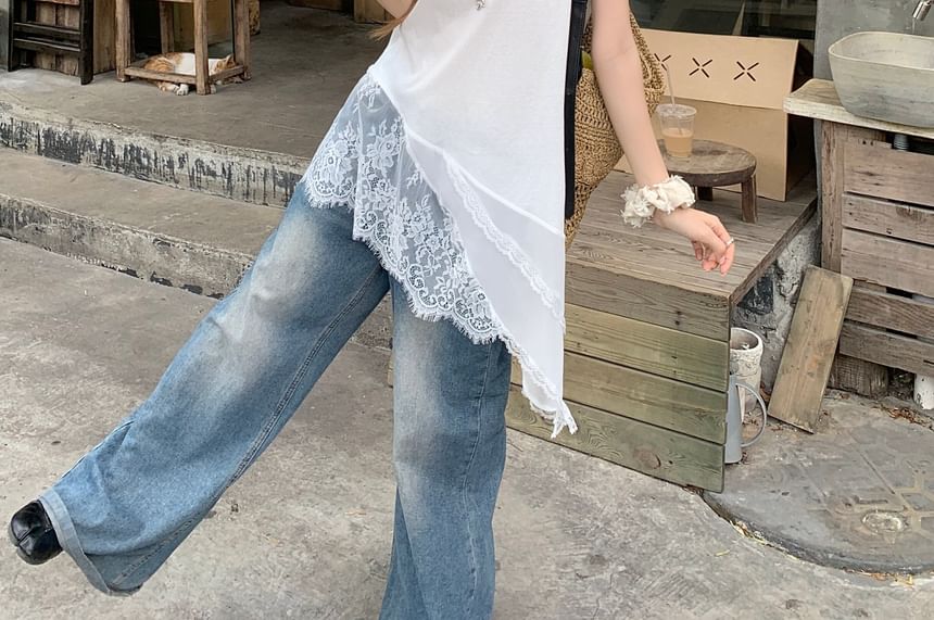 Asymmetrical Lace Panel Sleeveless V-Neck Top