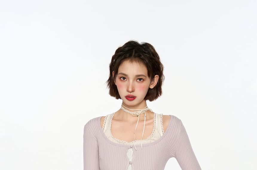 Faux Two-Piece Long Sleeve Knit Top with Scoop Neck
