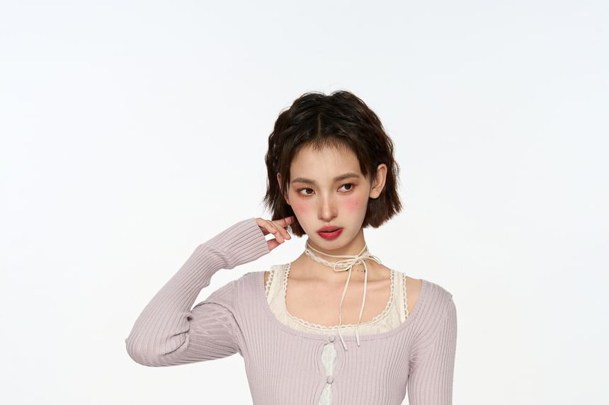 Faux Two-Piece Long Sleeve Knit Top with Scoop Neck