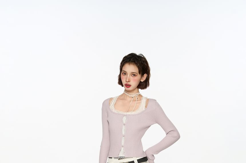 Faux Two-Piece Long Sleeve Knit Top with Scoop Neck
