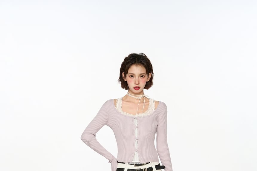 Faux Two-Piece Long Sleeve Knit Top with Scoop Neck