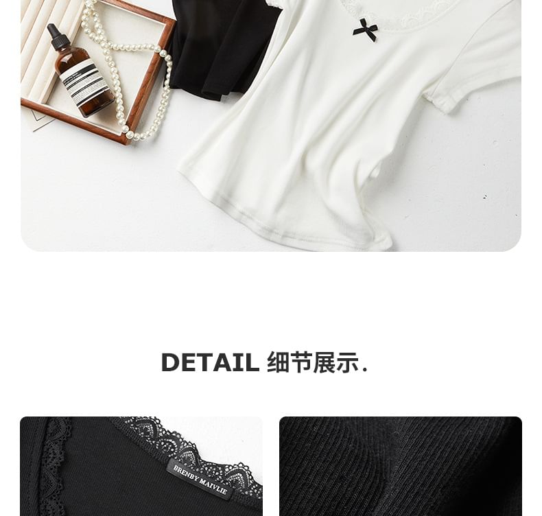 Short-Sleeve Scoop Neck Plain Lace Trim T-Shirt