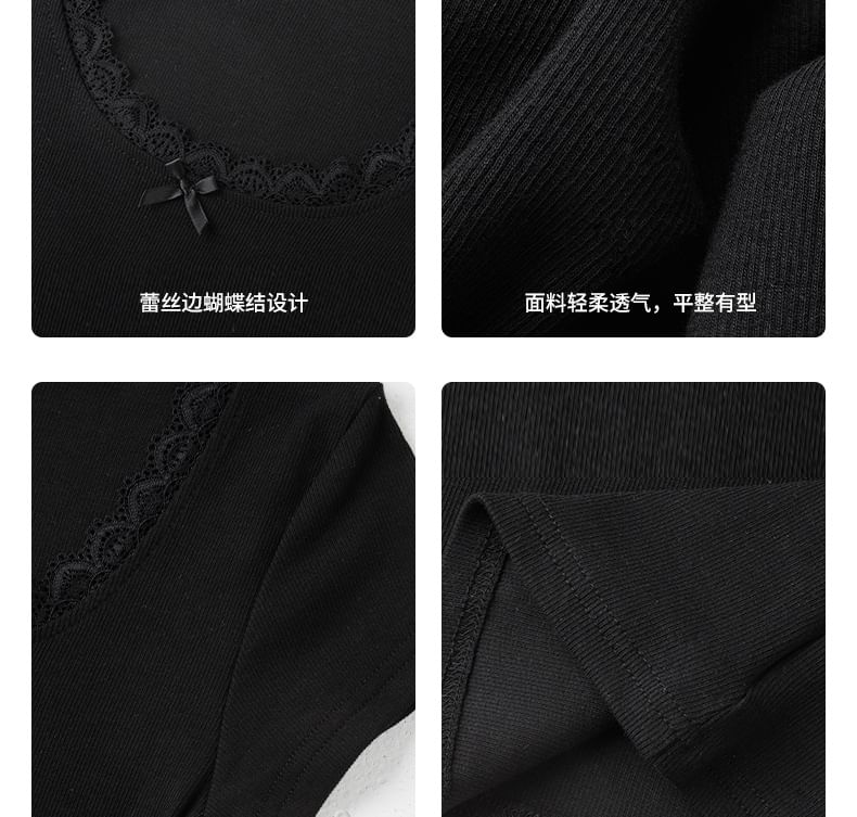 Short-Sleeve Scoop Neck Plain Lace Trim T-Shirt