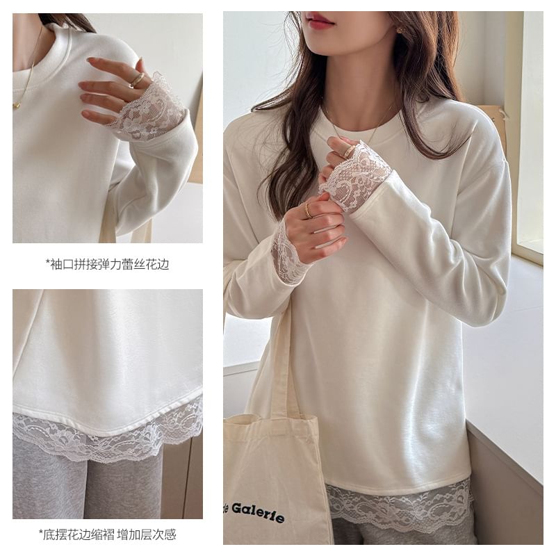Long-Sleeve Crew Neck Plain Lace Trim T-Shirt
