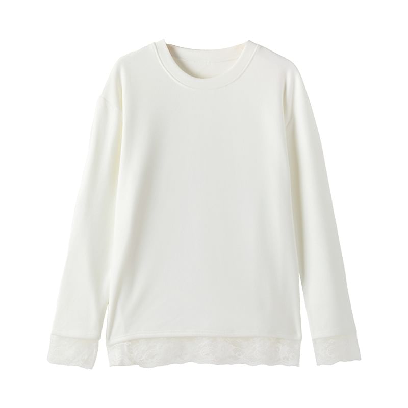 Long-Sleeve Crew Neck Plain Lace Trim T-Shirt