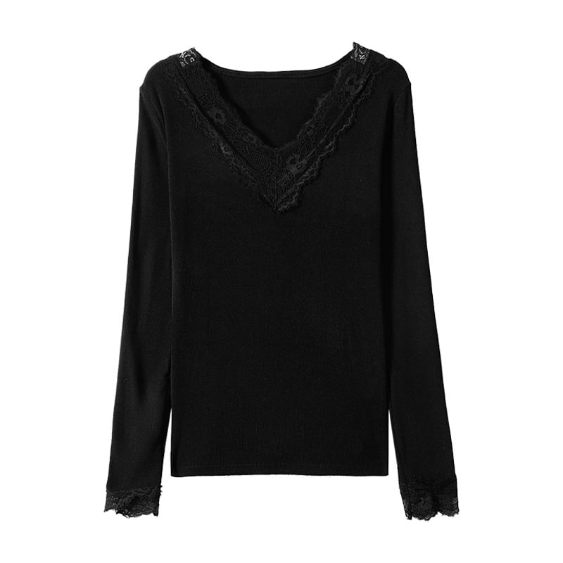 Long-Sleeve V-Neck Plain Lace Trim T-Shirt