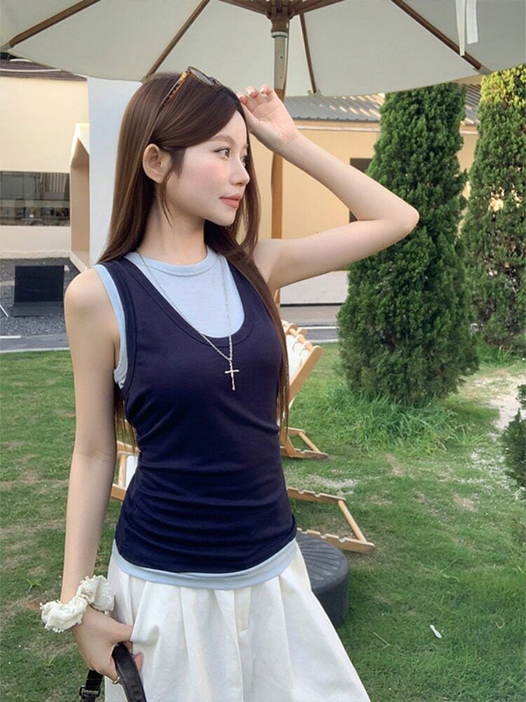 Faux Two-Piece Crew Neck Tank