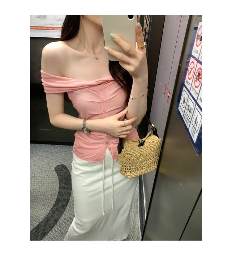Off-Shoulder Ruched Button Sleeveless Top