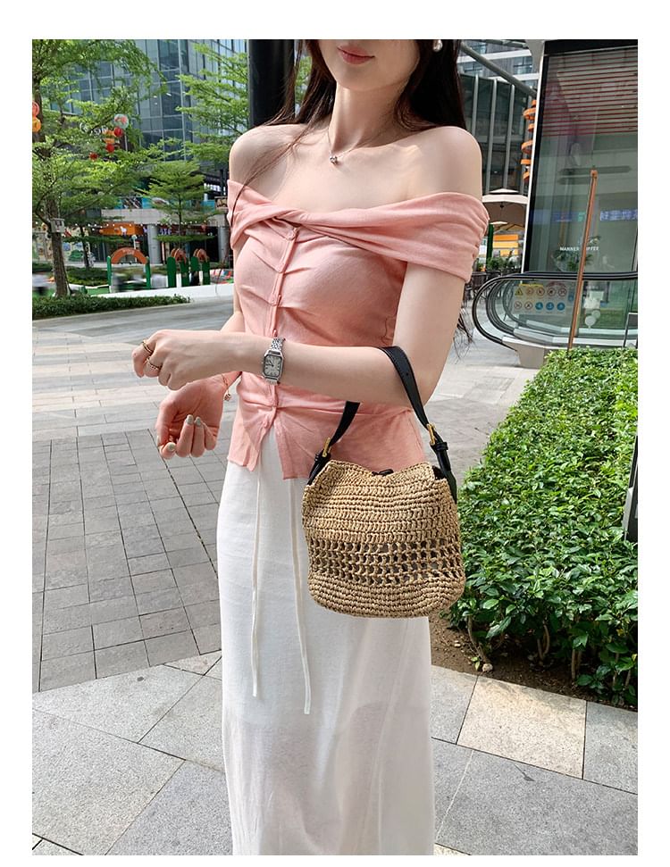 Off-Shoulder Ruched Button Sleeveless Top